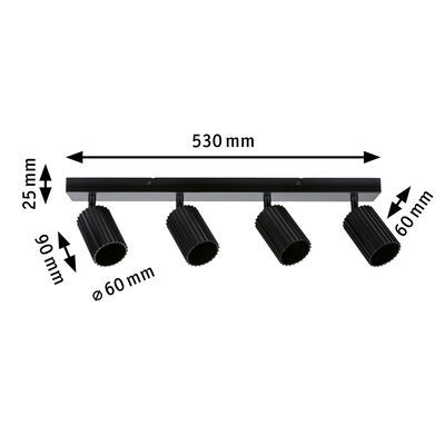 Black aluminium ceiling light with four adjustable spotlights and dimensions for modern room lighting