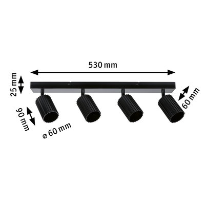 Black aluminium ceiling light with four adjustable spotlights and dimensions for modern room lighting