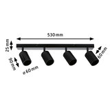 Black aluminium ceiling light with four adjustable spotlights and dimensions for modern room lighting