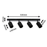 Black aluminium ceiling light with four adjustable spotlights and dimensions for modern room lighting