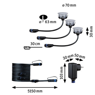 Schéma technique de spots LED encastrés noirs avec câbles et alimentation, dimensions en millimètres.