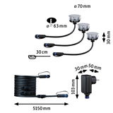 Technische tekening van zwarte LED-inbouwspots met kabels en voeding, afmetingen in millimeters.