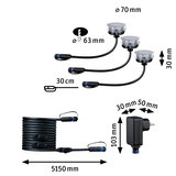 Technische tekening van zwarte LED-inbouwspots met kabels en voeding, afmetingen in millimeters.
