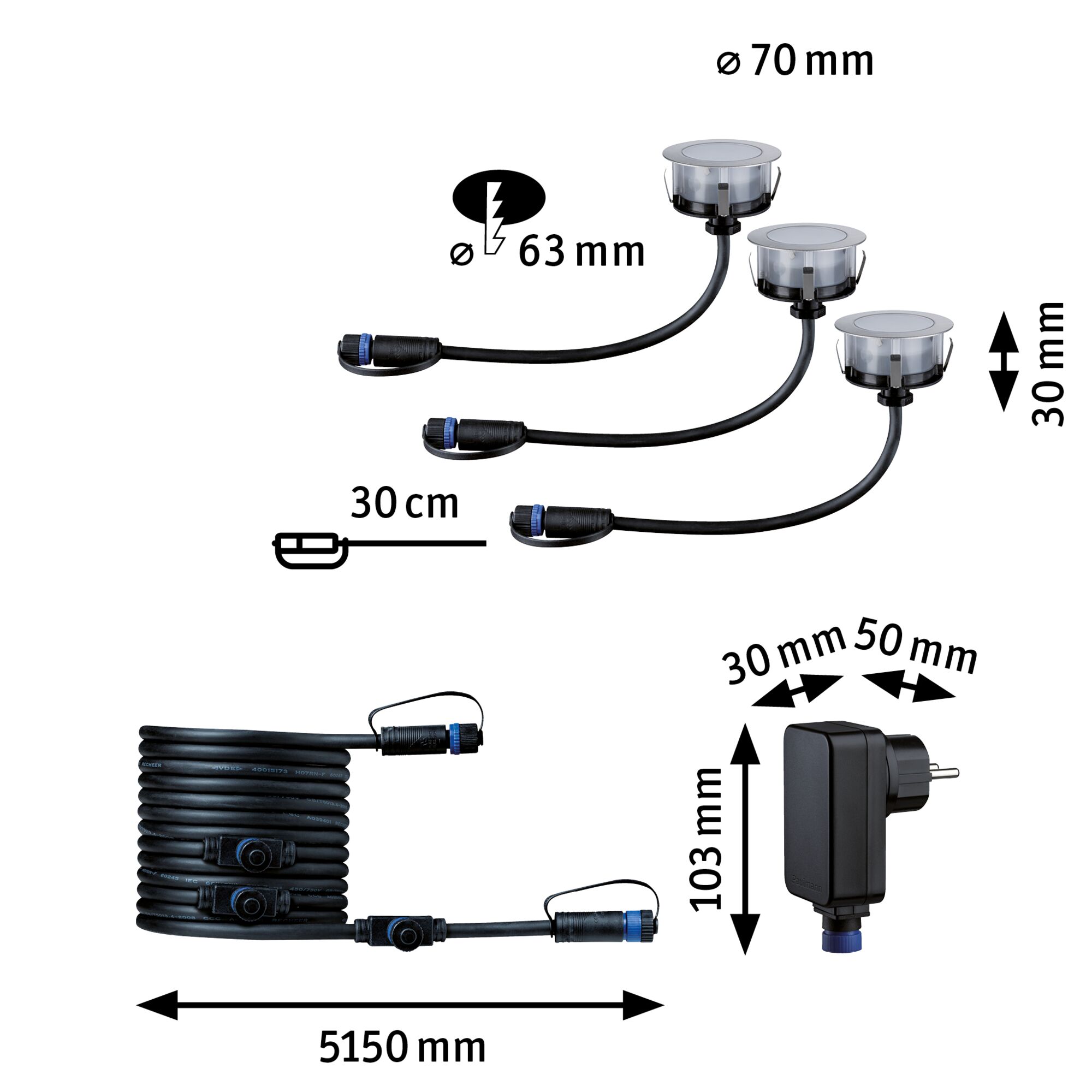 Technical drawing of black LED recessed lights with cables and power supply, dimensions in millimeters.