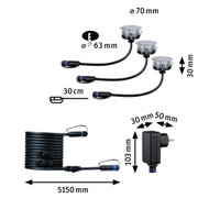 Technical drawing of black LED recessed lights with cables and power supply, dimensions in millimeters.