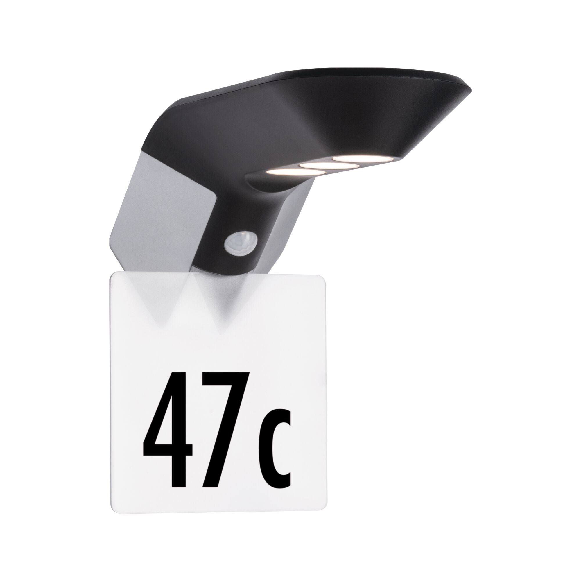 Black LED house number light in plastic with motion sensor for outdoor lighting.