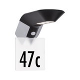 Black LED house number light in plastic with motion sensor for outdoor lighting.