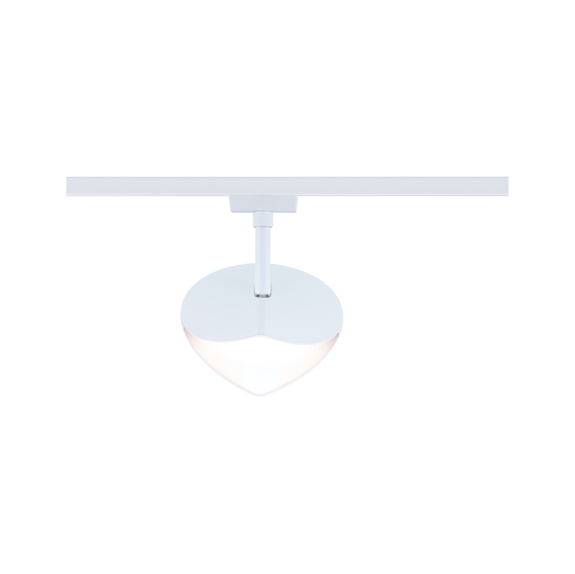 Weißer LED-Spot aus Metall mit herzförmigem Diffusor an Schienensystem für moderne Beleuchtung