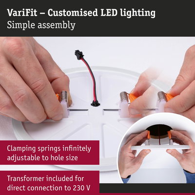 VariFit LED recessed light with adjustable clamping springs and built-in transformer for 230 V connection
