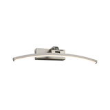 Curved LED wall light in brushed silver metal with warm white light for modern interior lighting.