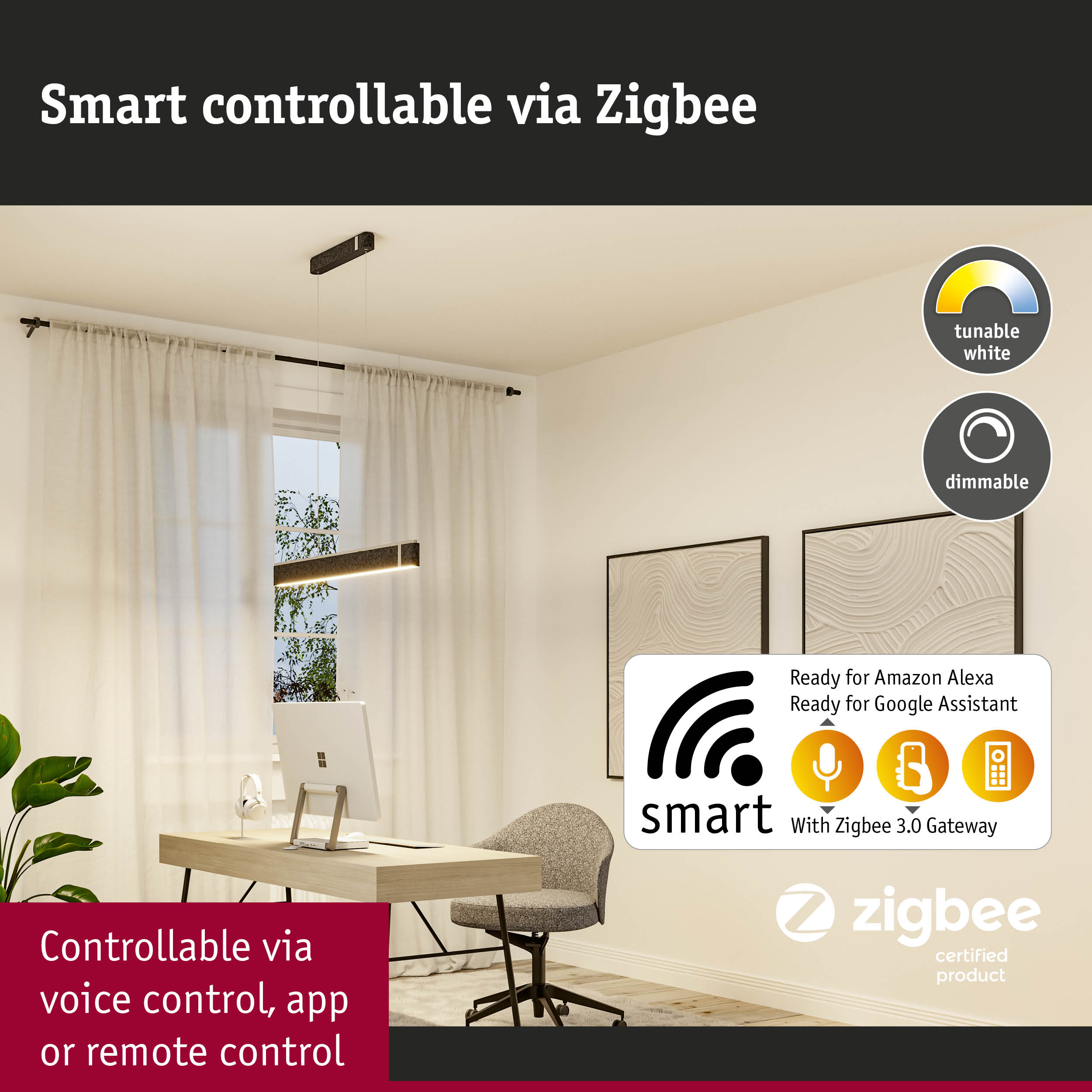 Modern black LED pendant light with Zigbee smart control, dimmable and tunable white light for smart homes