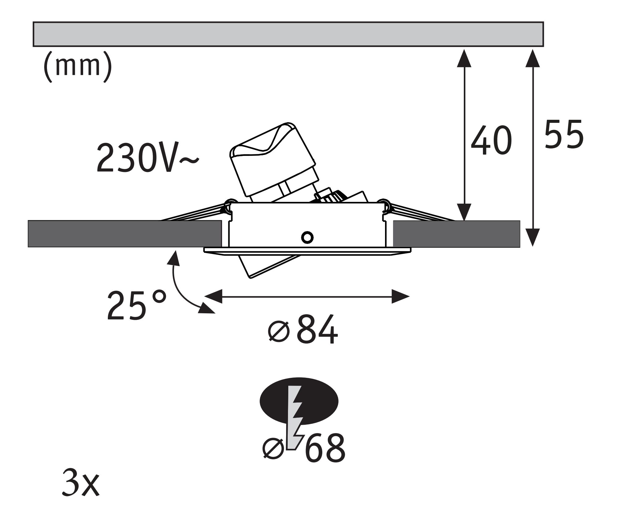 Technische Zeichnung eines einstellbaren LED-Einbaustrahler mit 230V, 84mm Durchmesser und 25° Neigung