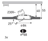 Technische Zeichnung eines einstellbaren LED-Einbaustrahler mit 230V, 84mm Durchmesser und 25° Neigung
