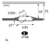 Technische Zeichnung eines Einbaustrahler mit 230V, 25° Neigung und 84 mm Durchmesser