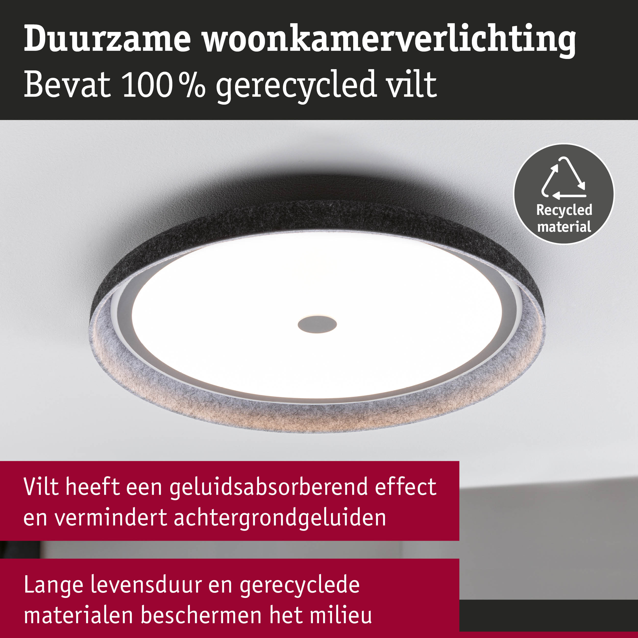 Duurzame woonkamerverlichting met 100% gerecycled grijs vilt en helder wit LED-licht