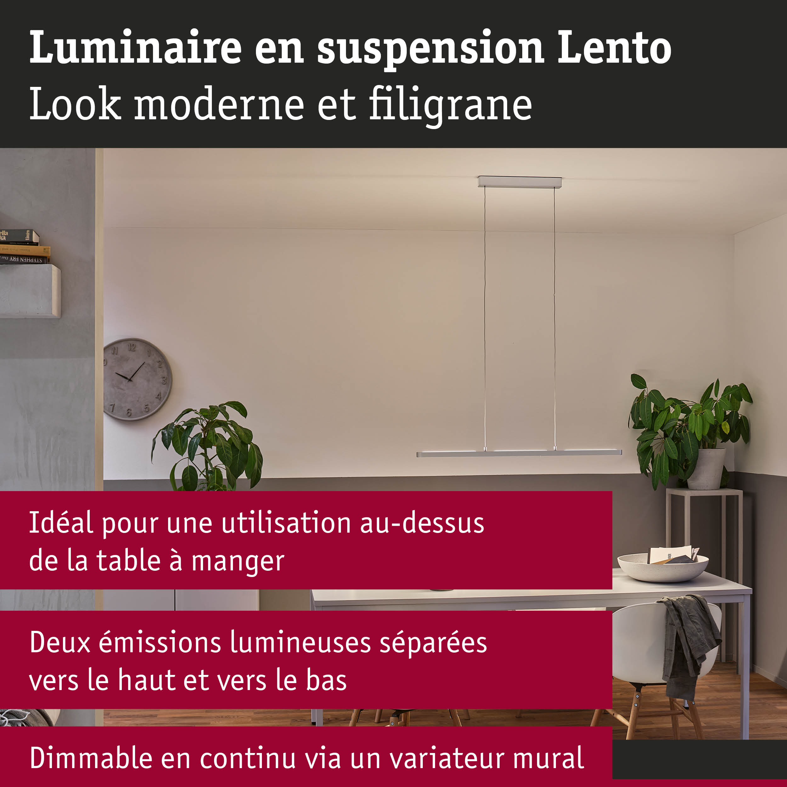 Luminaire suspendu Lento moderne en aluminium argenté avec éclairage LED dimmable au-dessus de la table