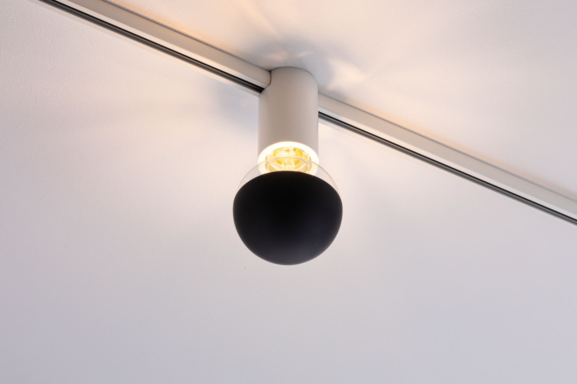Modern ceiling spotlight with black globe and white housing on track system for living spaces