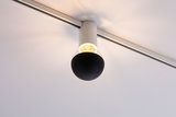Moderner Deckenstrahler mit schwarzer Kugel und weißem Gehäuse an Schienensystem für Wohnräume
