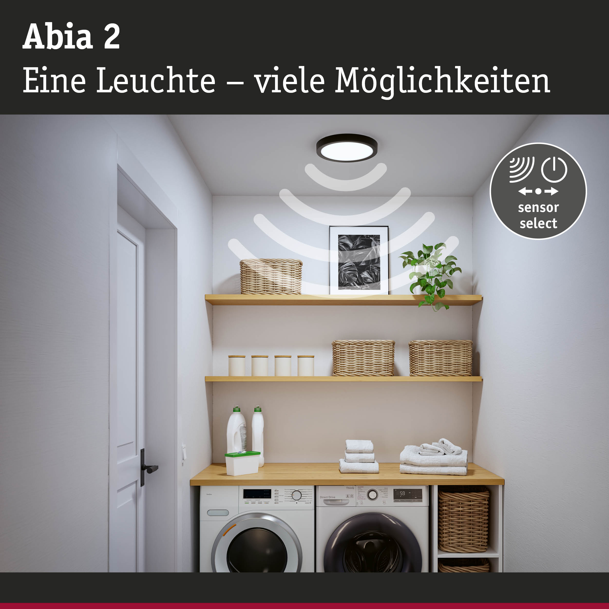 Abia 2 Deckenleuchte mit Sensorfunktion in Schwarz-Weiß für moderne Waschraumbeleuchtung