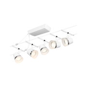 White LED track lighting system with adjustable spotlights and chrome rings for modern room lighting