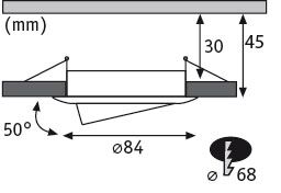 Technical drawing of a round LED recessed spotlight with 84 mm diameter and 50-degree tilt.