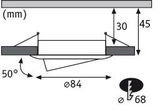 Technical drawing of a round LED recessed spotlight with 84 mm diameter and 50-degree tilt.