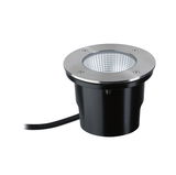 Round recessed LED spotlight with stainless steel and black plastic for outdoor lighting.