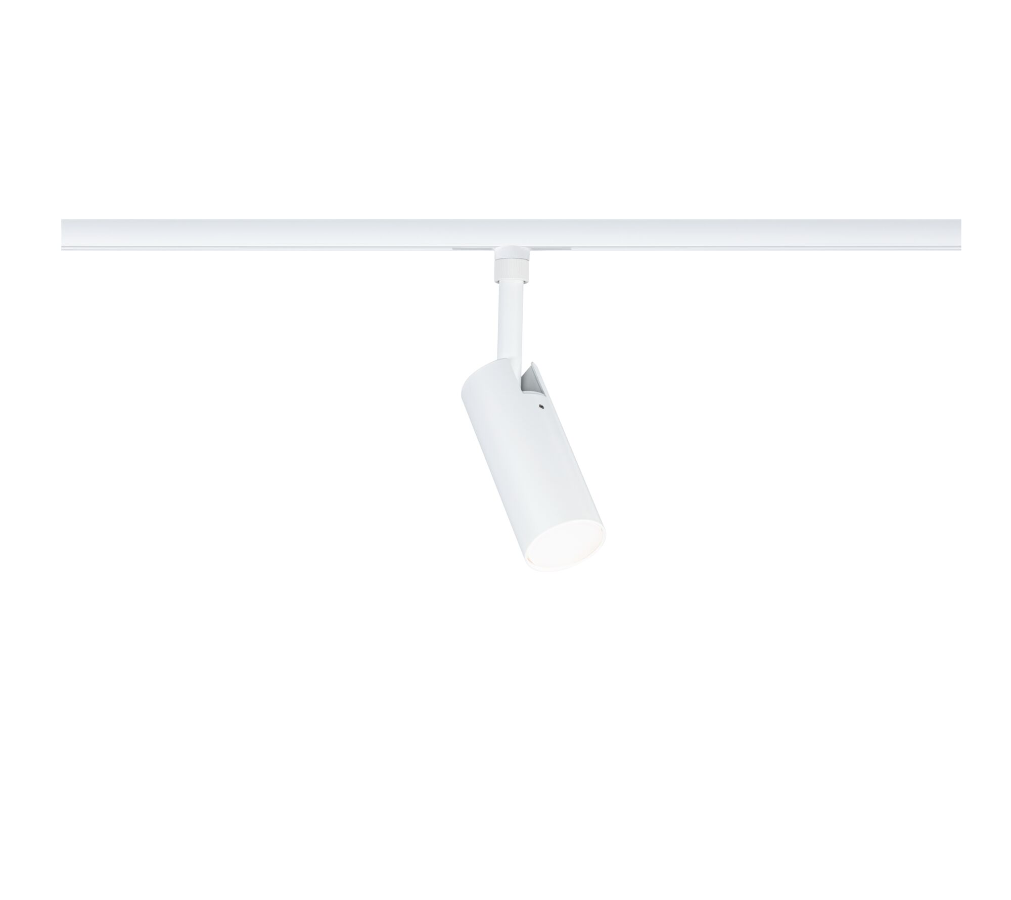 Moderner weißer LED-Strahler aus Metall an Schienensystem für flexible Raumbeleuchtung