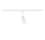 Moderner weißer LED-Strahler aus Metall an Schienensystem für flexible Raumbeleuchtung