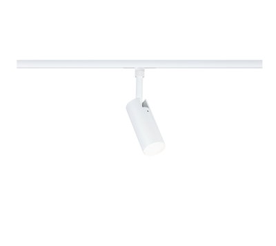 Moderner weißer LED-Strahler aus Metall an Schienensystem für flexible Raumbeleuchtung