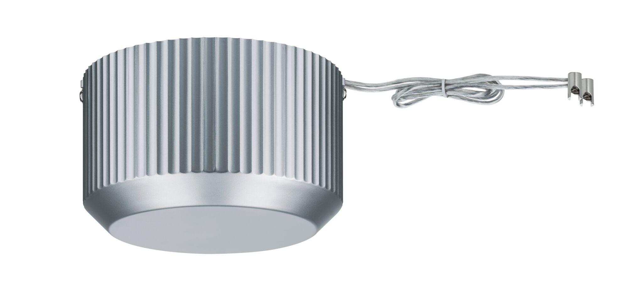 Round silver aluminum transformer with cooling fins and clear cable for LED lighting systems