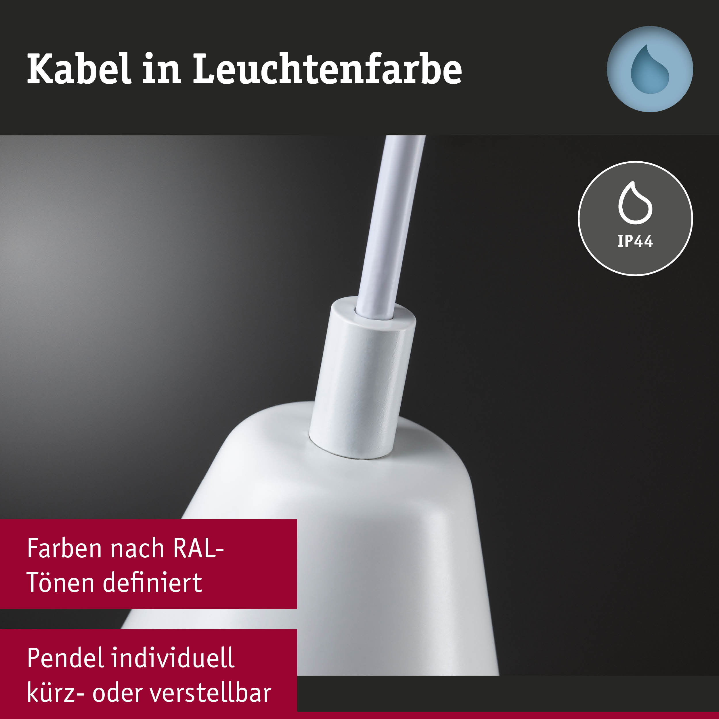 Weißes Kabel mit IP44-Schutz für Leuchten, individuell nach RAL-Farben definierbar, verstellbar