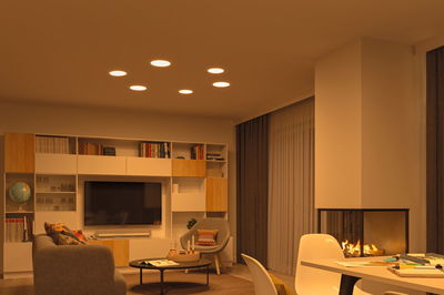 Living room with modern ceiling lights, fireplace, and wood-gray furniture creating a cozy ambiance