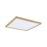 Square ceiling light with oak wood frame and white diffuser for modern interior lighting