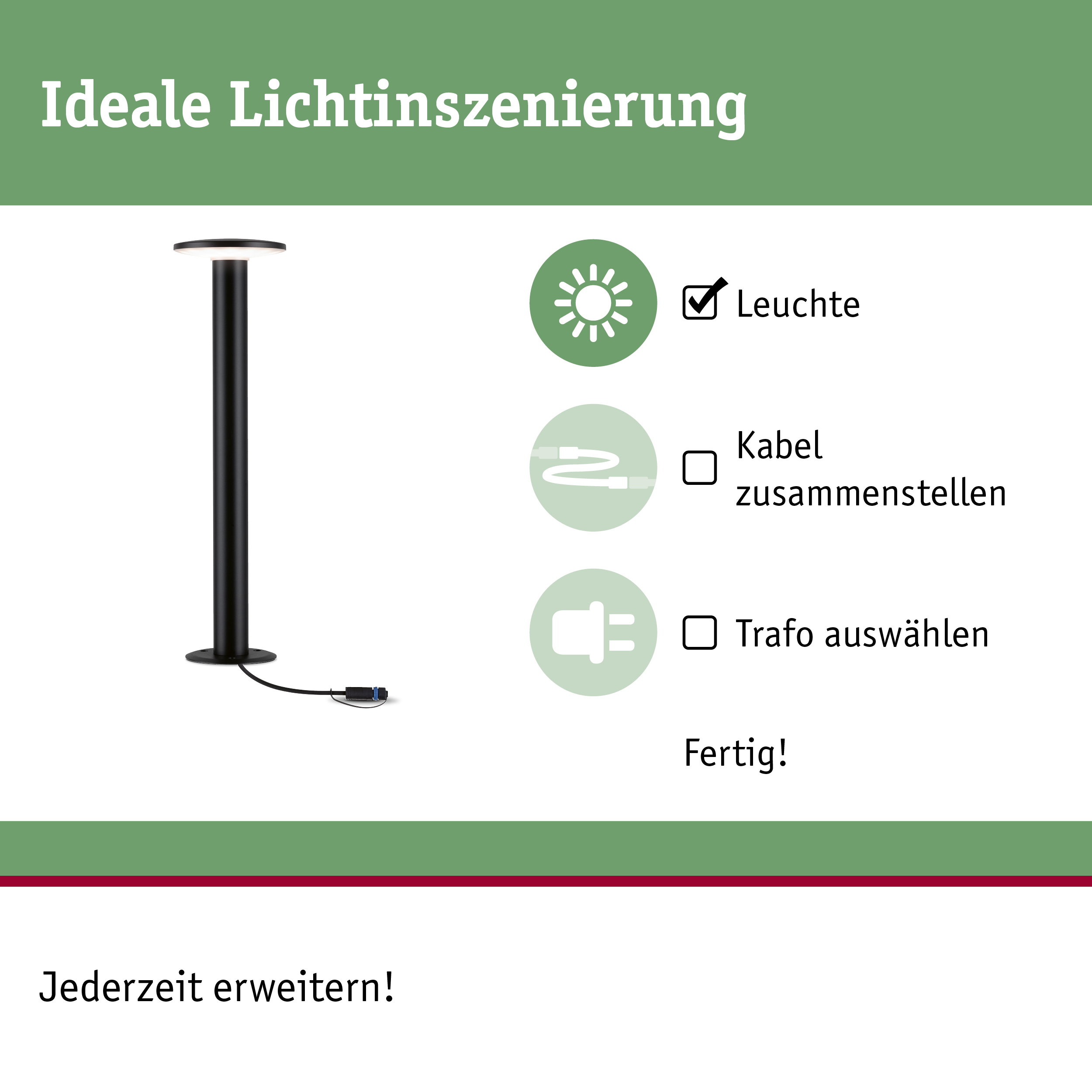 Schwarze LED-Außenleuchte mit rundem Leuchtkopf und Kabelanschluss für Gartenbeleuchtung