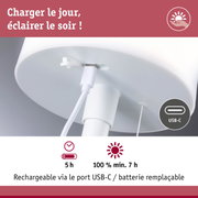 Chargeur blanc USB-C avec batterie remplaçable offrant jusqu’à 7 heures d’éclairage