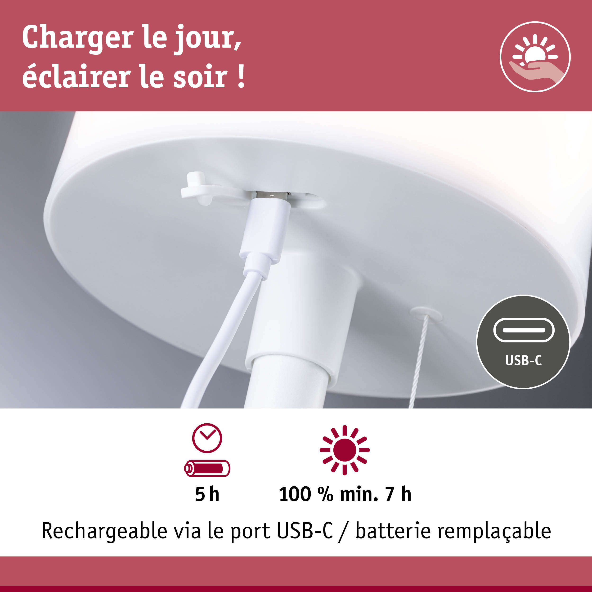 Chargeur blanc USB-C avec batterie remplaçable offrant jusqu’à 7 heures d’éclairage