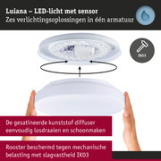 Witte Luiana LED-plafondlamp met sensor en kunststof diffuser, slagvastheid IK03