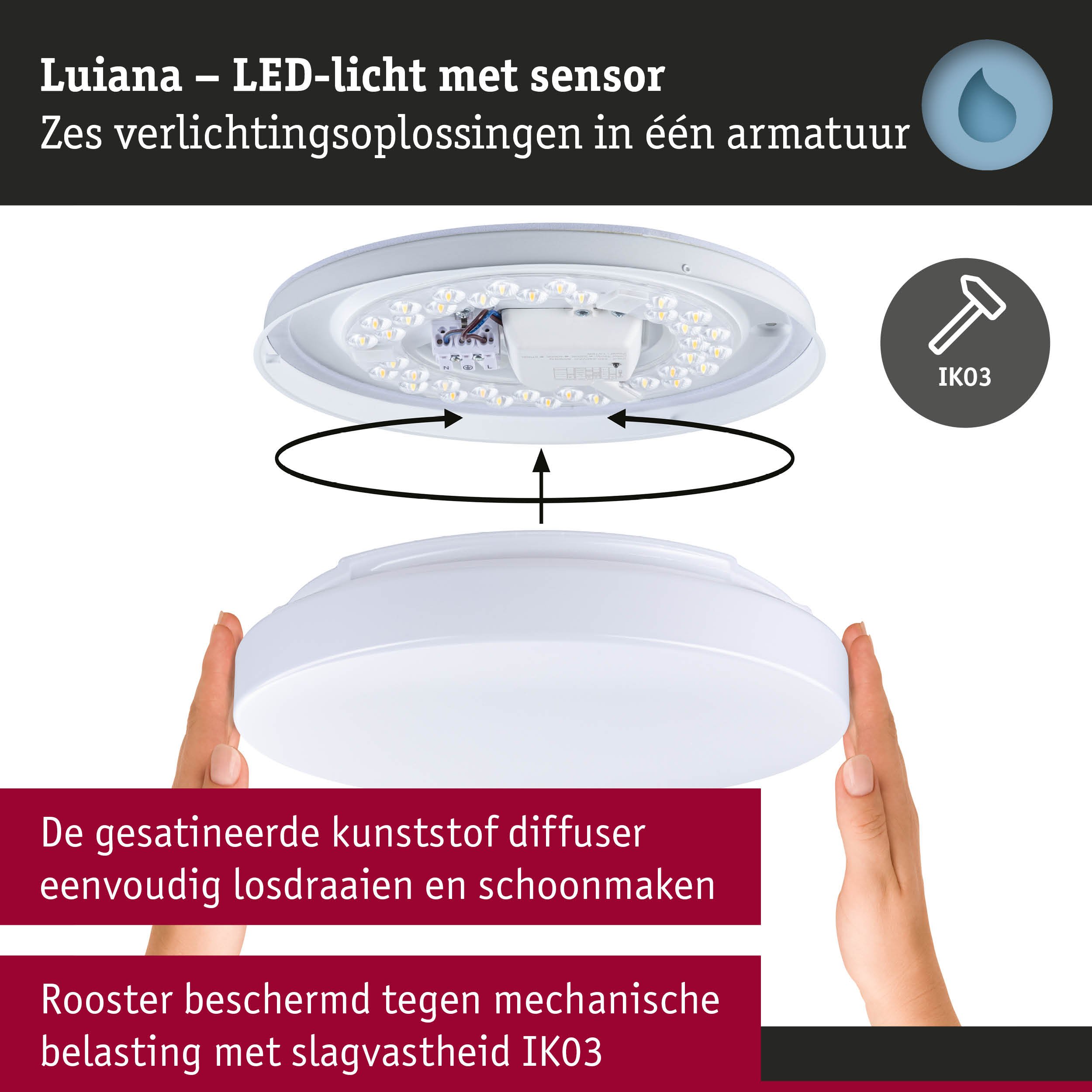 Witte Luiana LED-plafondlamp met sensor en kunststof diffuser, slagvastheid IK03