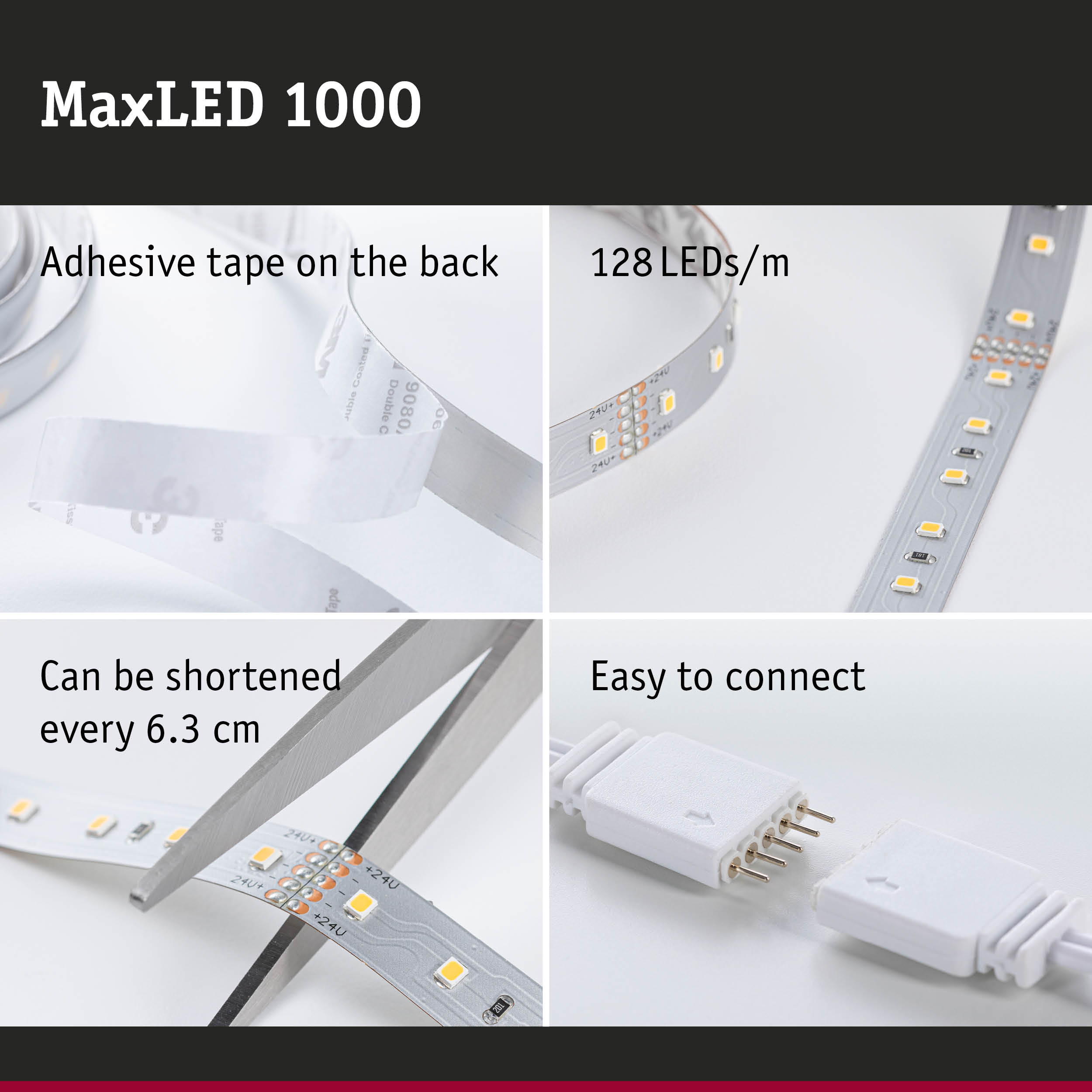 MaxLED 1000 LED strip with 128 LEDs per meter, adhesive backing, cuttable every 6.3 cm, easy to connect