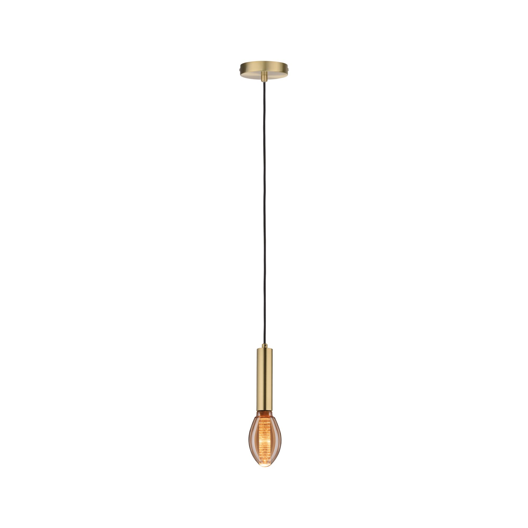 Modern brass pendant light with black cord and warm white LED bulb for stylish home lighting