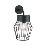 Black metal wall lamp with clear glass and cage design, modern indoor lighting fixture