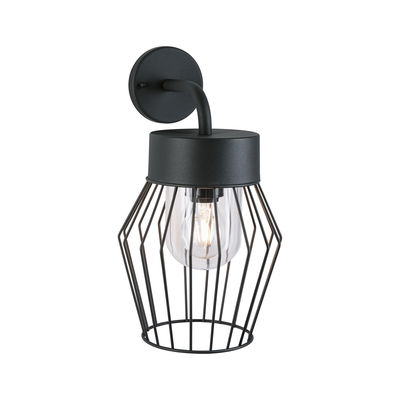 Black metal wall lamp with clear glass and cage design, modern indoor lighting fixture