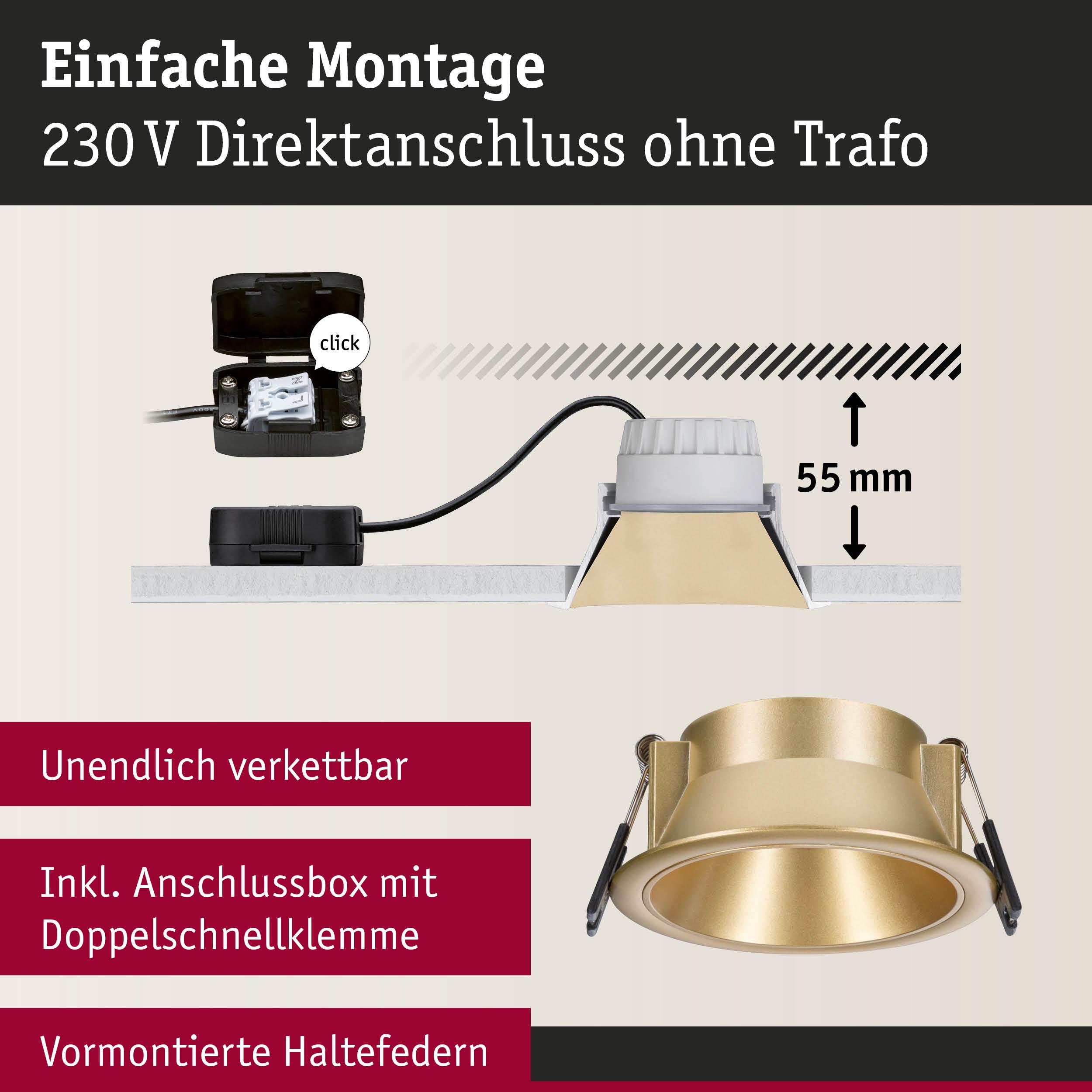 Goldfarbener Einbaustrahler aus Metall mit 55 mm Einbautiefe und Anschlussbox für einfache Montage