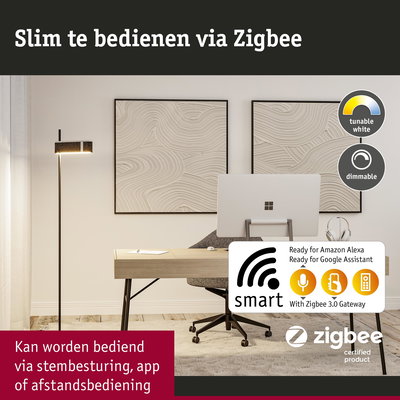 Moderne zwarte vloerlamp met dimbare instelbare witte LED-verlichting in kantoor met slimme Zigbee-bediening