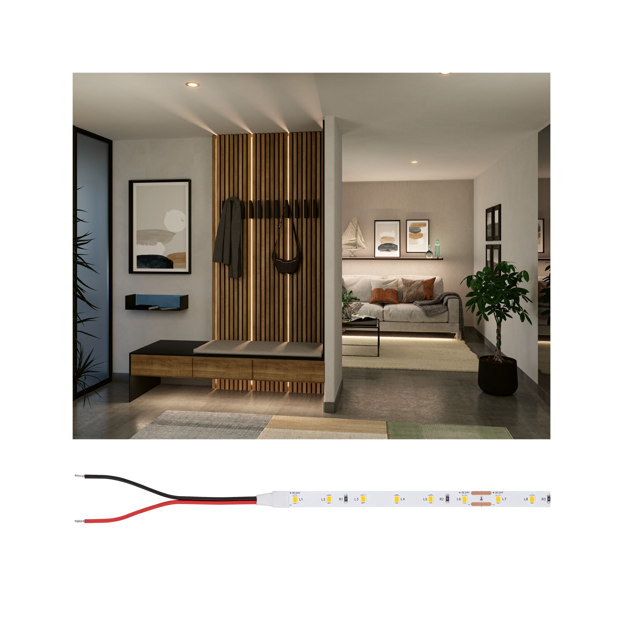 LED-Lichtleiste mit warmweißen LEDs und Anschlusskabeln für moderne Wohnraumbeleuchtung
