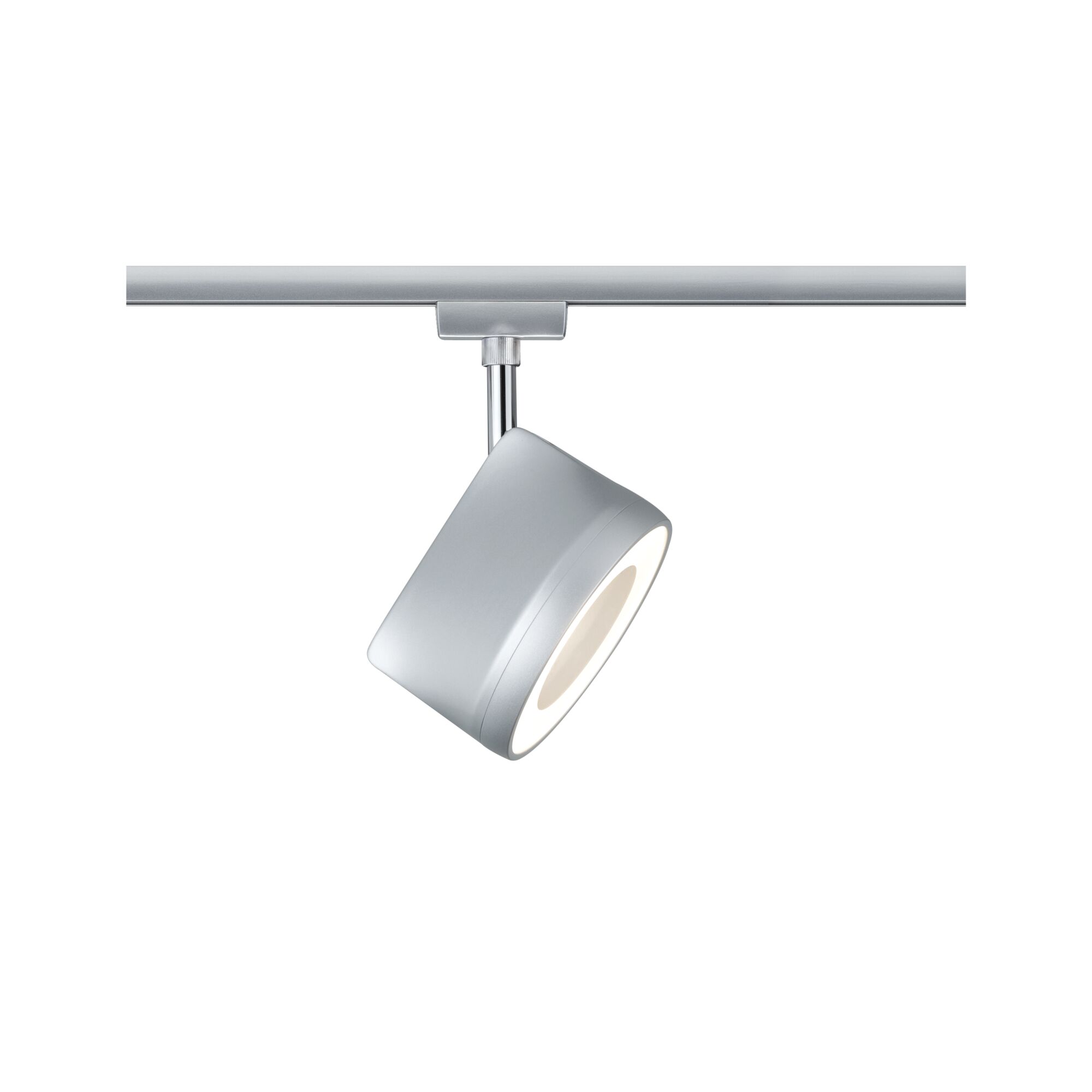 Modern silver metal LED spotlight for track system with warm white light, energy efficient