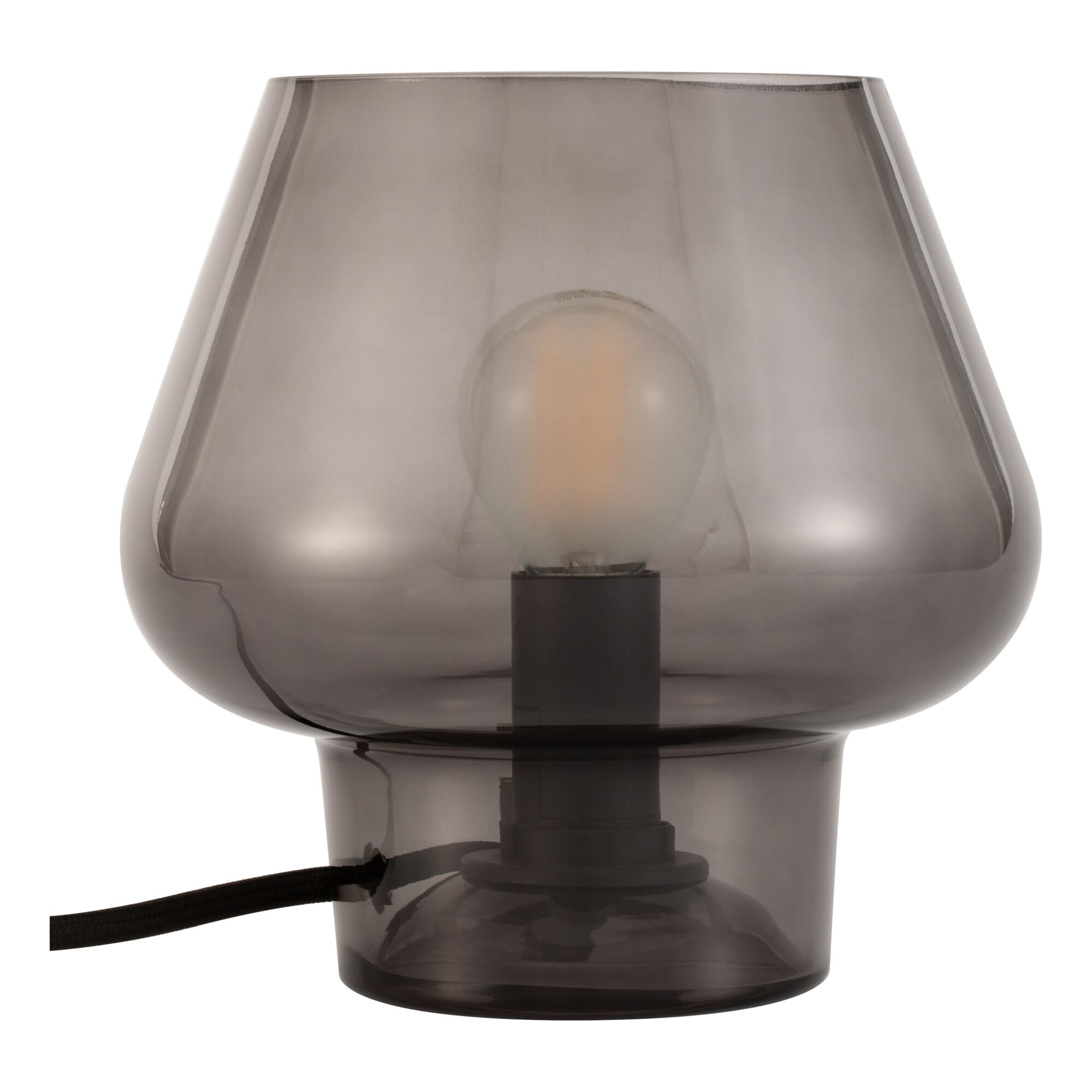Moderne Tischleuchte aus rauchgrauem Glas mit sichtbarer LED-Glühbirne und Textilkabel