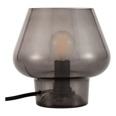 Moderne Tischleuchte aus rauchgrauem Glas mit sichtbarer LED-Glühbirne und Textilkabel