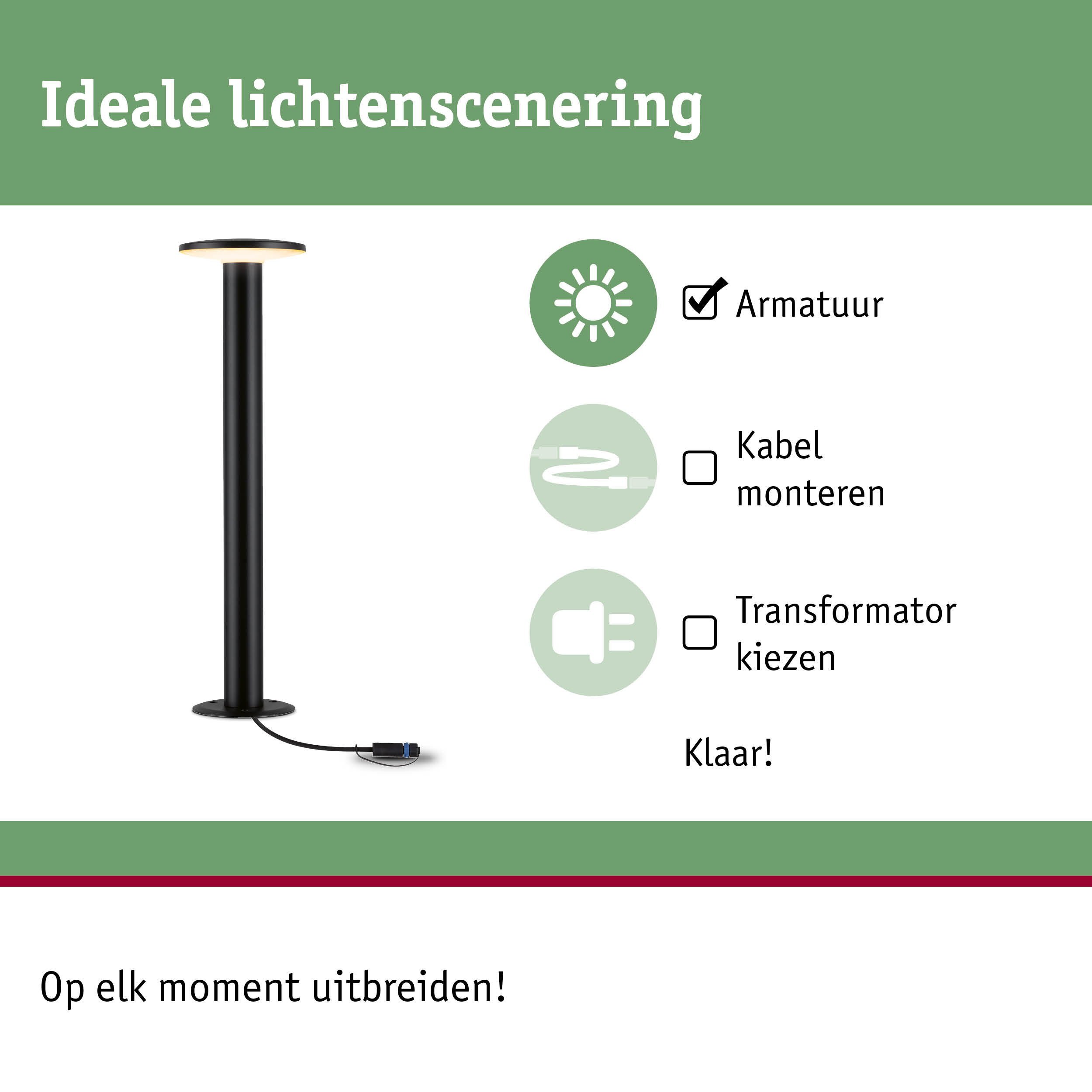 Zwarte LED-buitenlamp met geïntegreerde lichtbron en kabel voor flexibele tuinverlichting